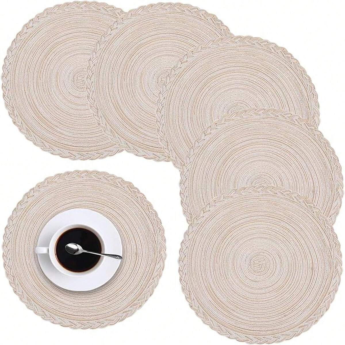 Round Table Placemats Set Of 2/4/6/8 - Woven Heat-Resistant Non-Slip Kitchen Dining Table Mats 15 Inch, Washable, Easy To Clean, Great For Dinner, Barbecue, Indoor And Outdoor Use (Cream)