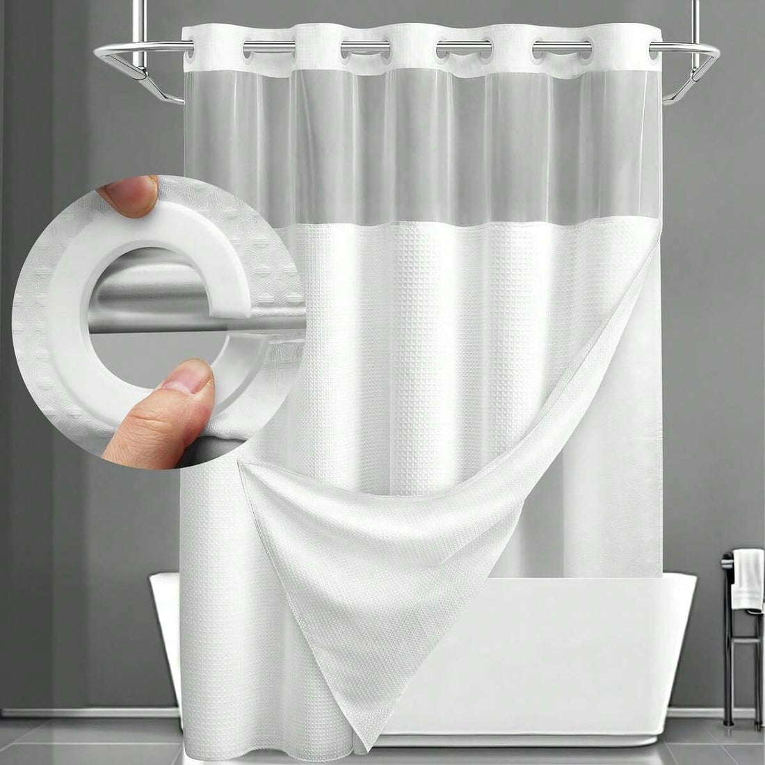 1PC Waffle Double Woven Shower Curtain, No Hook, Clear Top Window Hookless Shower Curtain With Snap Lined Waffle Shower Curtain Hotel Style Double Layer Machine Washable And Easy To Clean Bathroom Partition 72" X 75".