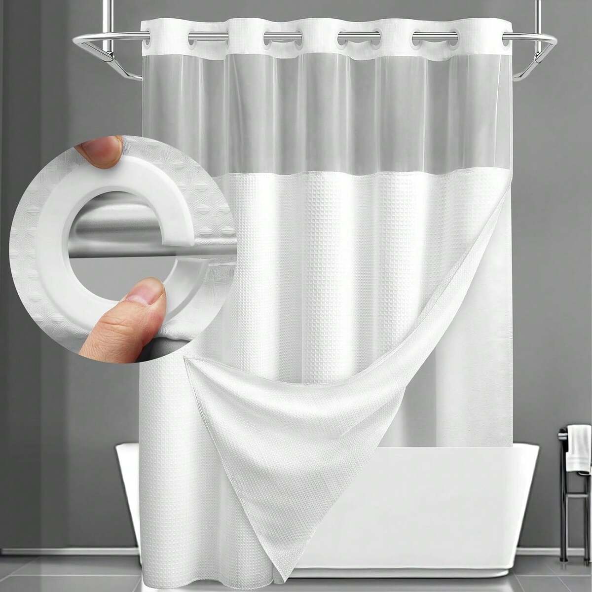 1PC Waffle Double Woven Shower Curtain, No Hook, Clear Top Window Hookless Shower Curtain With Snap Lined Waffle Shower Curtain Hotel Style Double Layer Machine Washable And Easy To Clean Bathroom Partition 72" X 75".