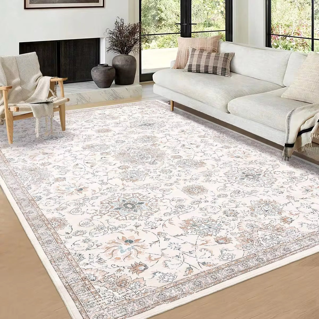 Washable Carpet Bohemian Style Carpet Vintage Floral Carpet Short Pile Non-Slip Carpet Stain Resistant Carpet For Living Room Bedroom Office Farmhouse