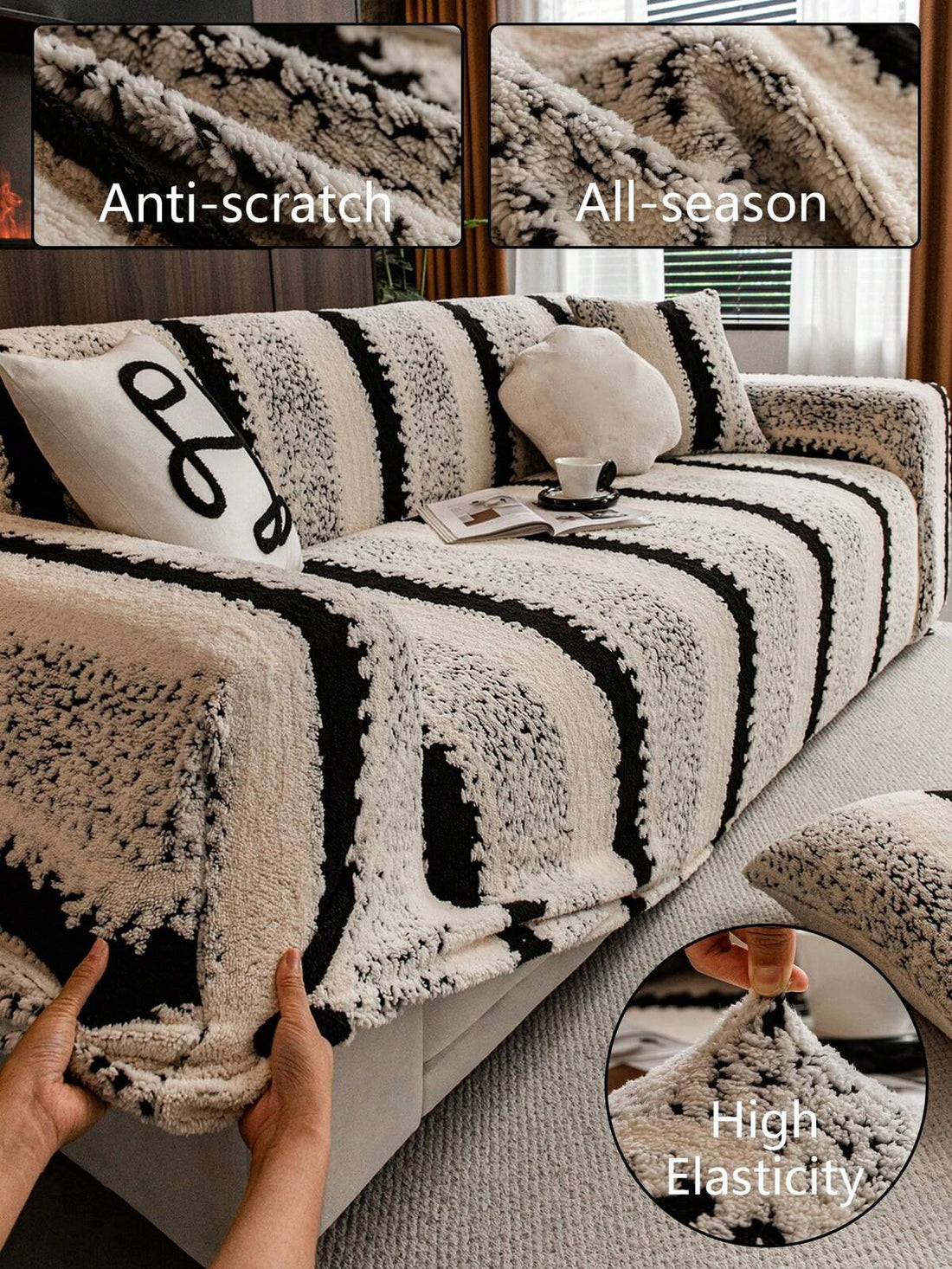 1pc Dual-Color Jacquard Plush Sofa Cover, Elastic Cozy Warm, Pet-Friendly Anti-Slip Anti-Dirt, Single/Loveseat/3-Seater/4-Seater Sofa Slipcover, Includes 1 Matching Pillow Case