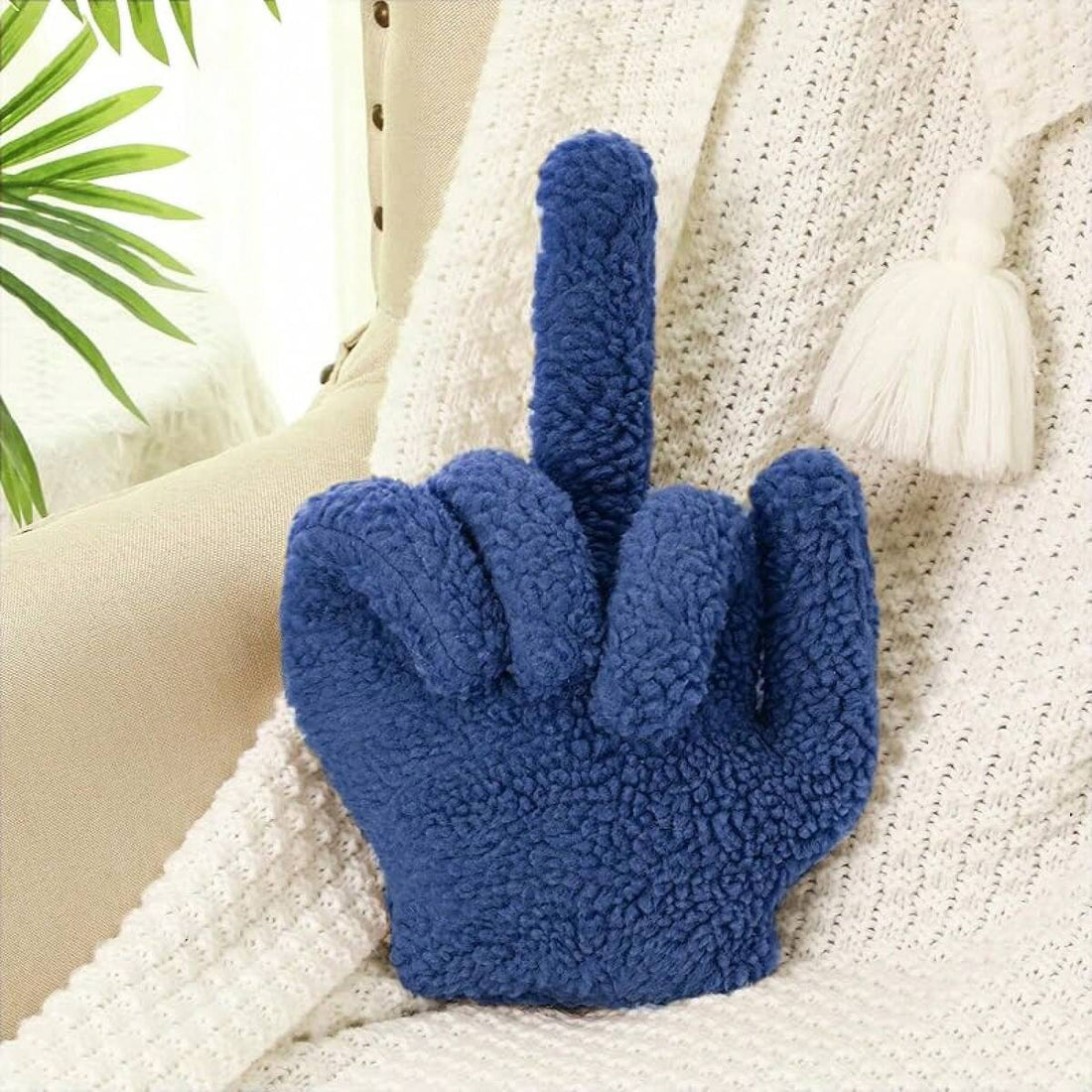 Small Middle Finger Decorative Pillow 13.78 X 9.84 In Funny Shaped Sherpa Fleece Throw Pillow Warm Soft Plush Emoticon Cushion Middle Finger Decor For Couch Gag Gift(Navy Blue)